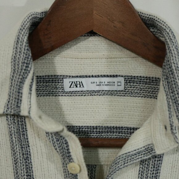 Zara Striped Button Up Shirt Small Beige gray Long Sleeve Casual Morocco - Picture 2 of 9